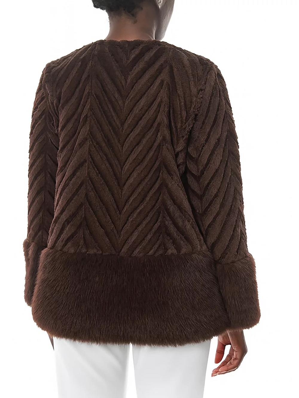 Nina Leonard Black Faux Fur Chevron-Textured Women's Sweater Jacket - Picture 3 of 10